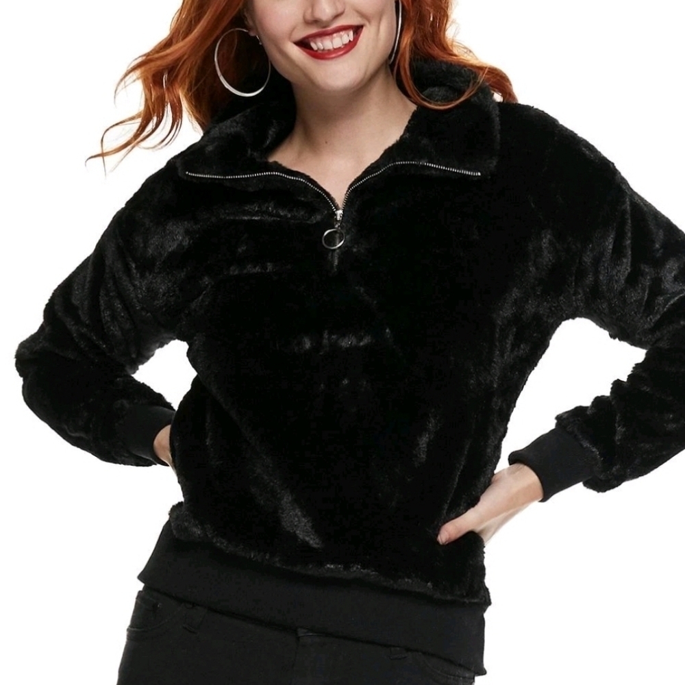 Black Faux Fur Fleece Pull-over Bomber 3/4 Zip Jacket